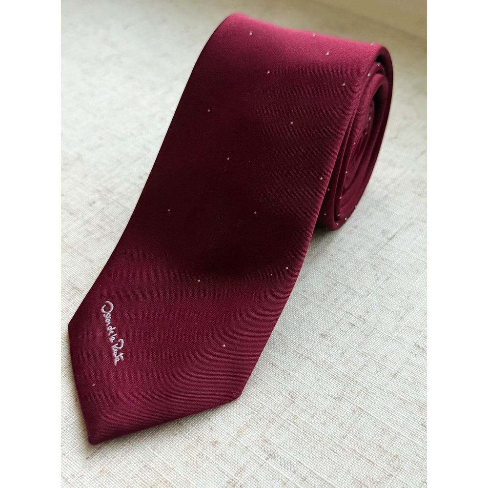 Vintage Oscar de la Renta Mens Burgundy Micro Dot Silk Blend Necktie 0397
